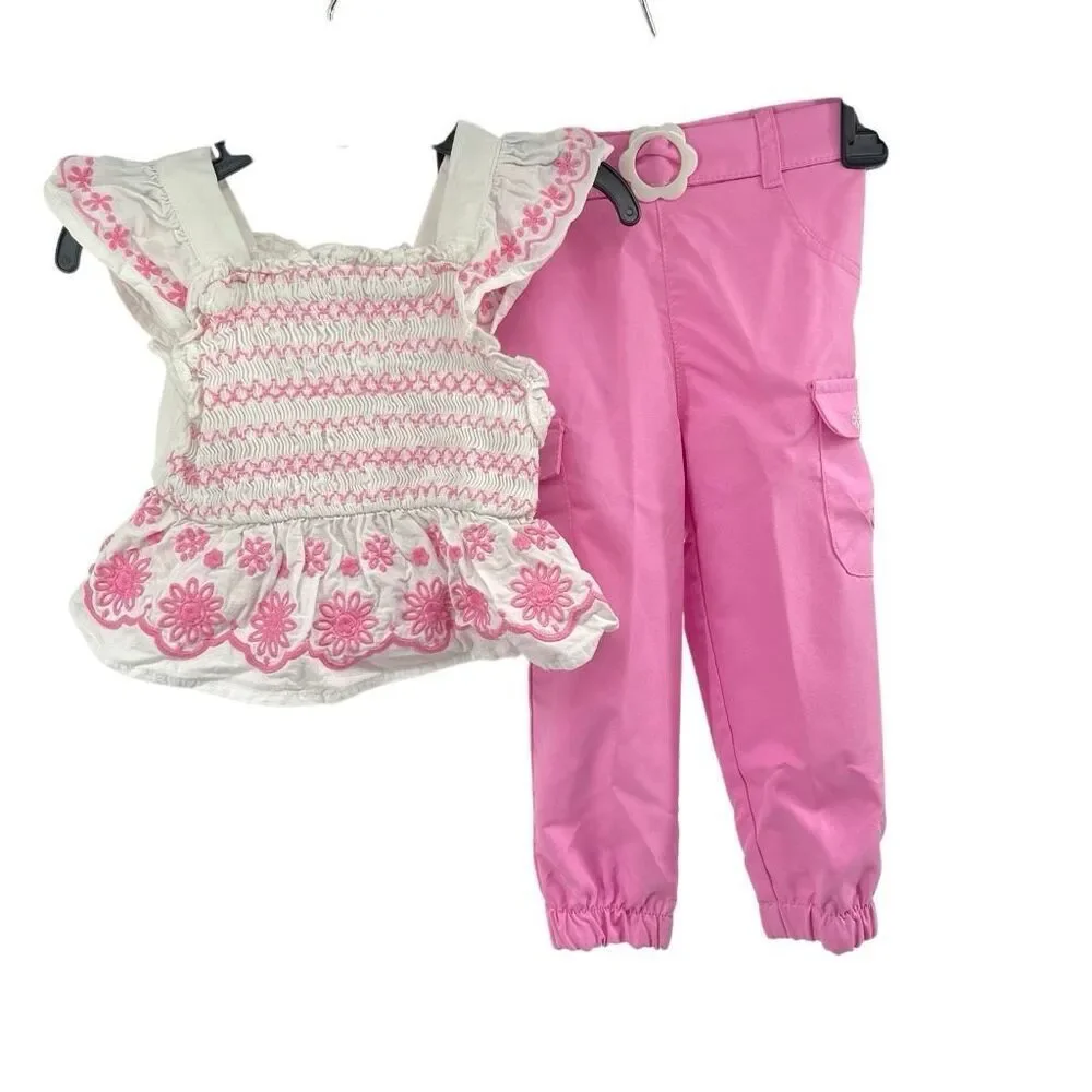 Little Lass 18M Pink Embroidered Smocked Top Cargo Pants Outfit Set Boho